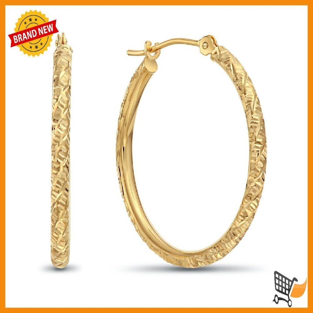 14K Gold Diamond-Cut Hoop Earrings 1" Diameter Latch Back